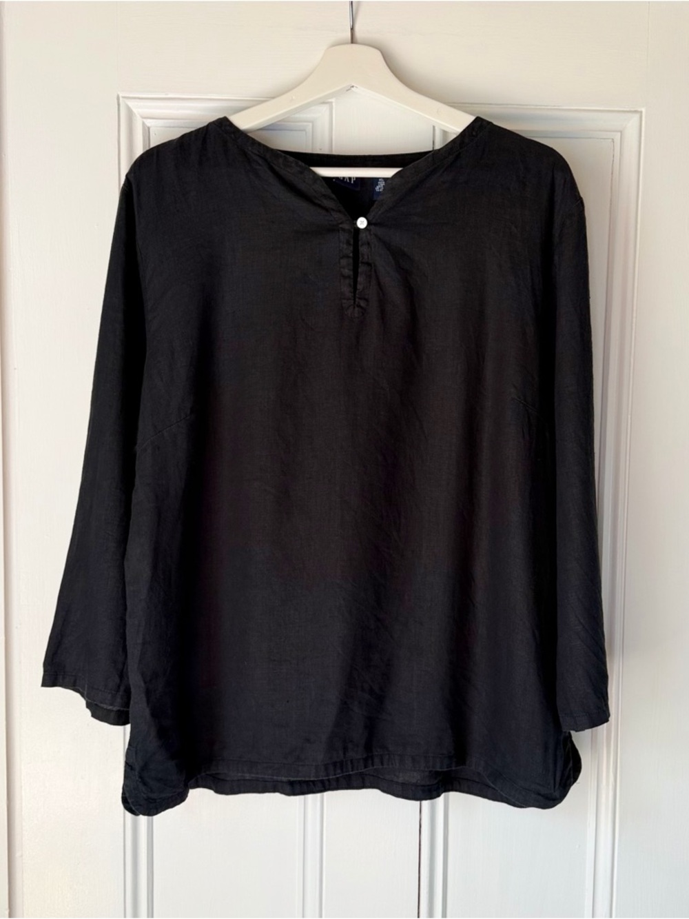 Vtg Gap Popover Top Womens XL Black Split Neck Woven 100% Linen One Button Boho